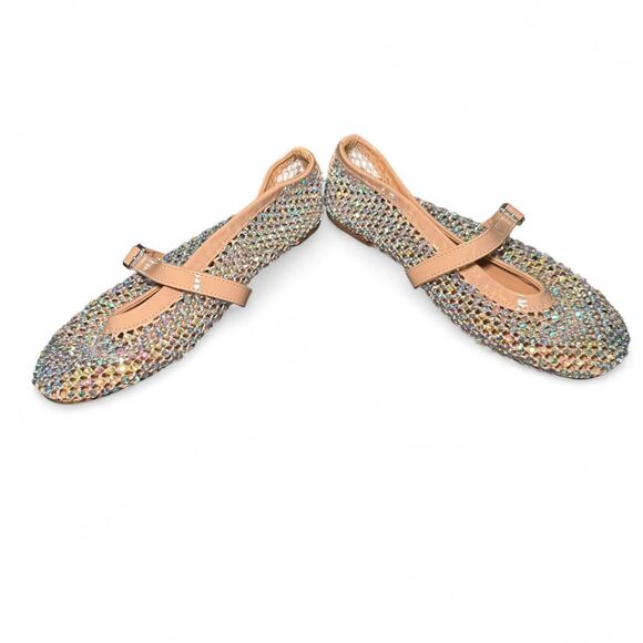 Bamboo Sparkly Mesh Mary Jane Flats Women’s Size 11M Nude Beige Rhinestone Balle - Picture 8 of 8